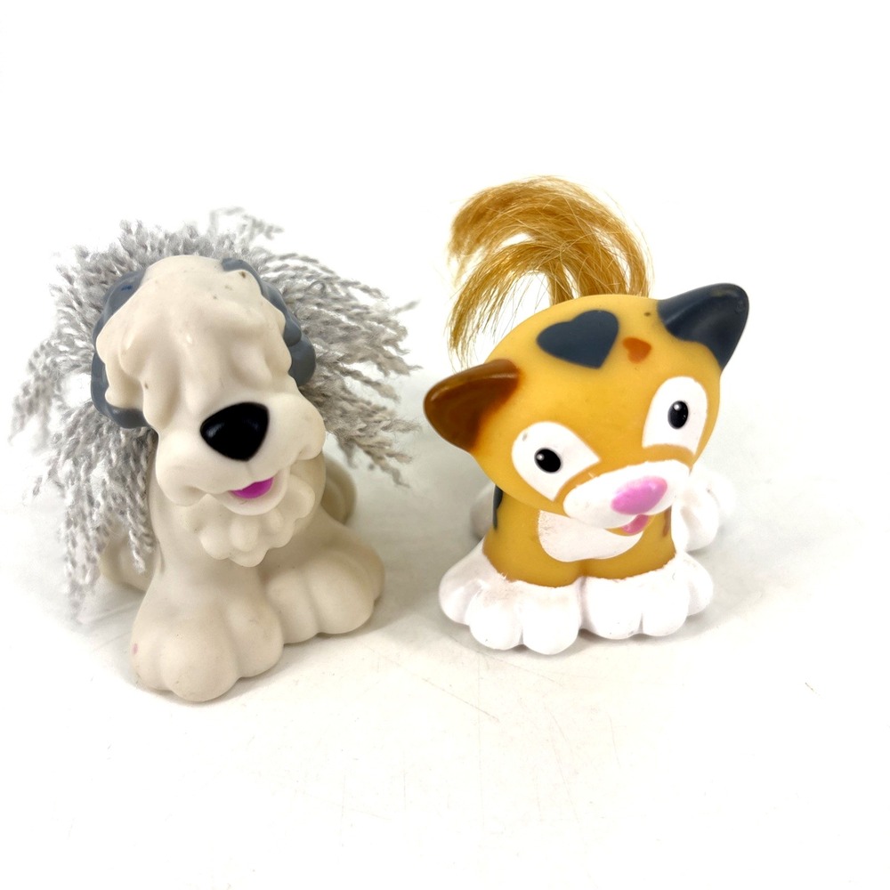 Fisher Price Little People Dog & Cat Lot Touch Feel Farm Hairy White Gray 2006